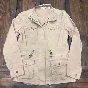 LLBean Women's Tan Utility Jacket‎ Cargo Pockets Drawstring Waist XS, field